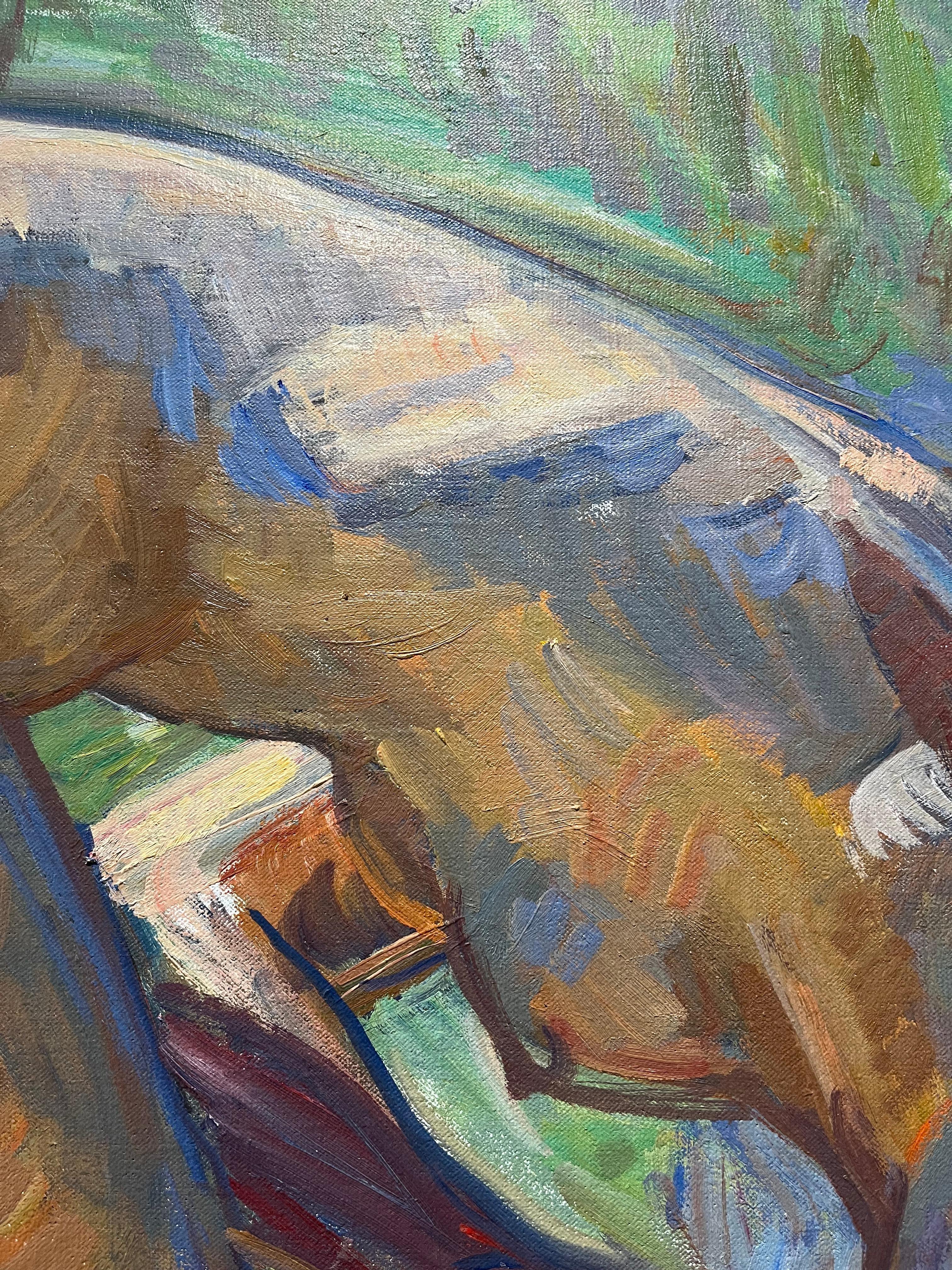Impressionistisches Gemälde „Beach“ einer nackten Frau, die Muscheln am Strand sammelt 1
