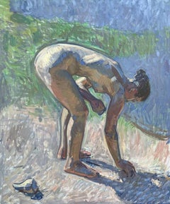 "Beach" Impressionist painting of nude woman collecting shells on a beach