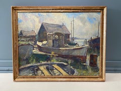 "Boat Yard, Lifting Fog" oil painting, American realist, Ben Fenske, framed