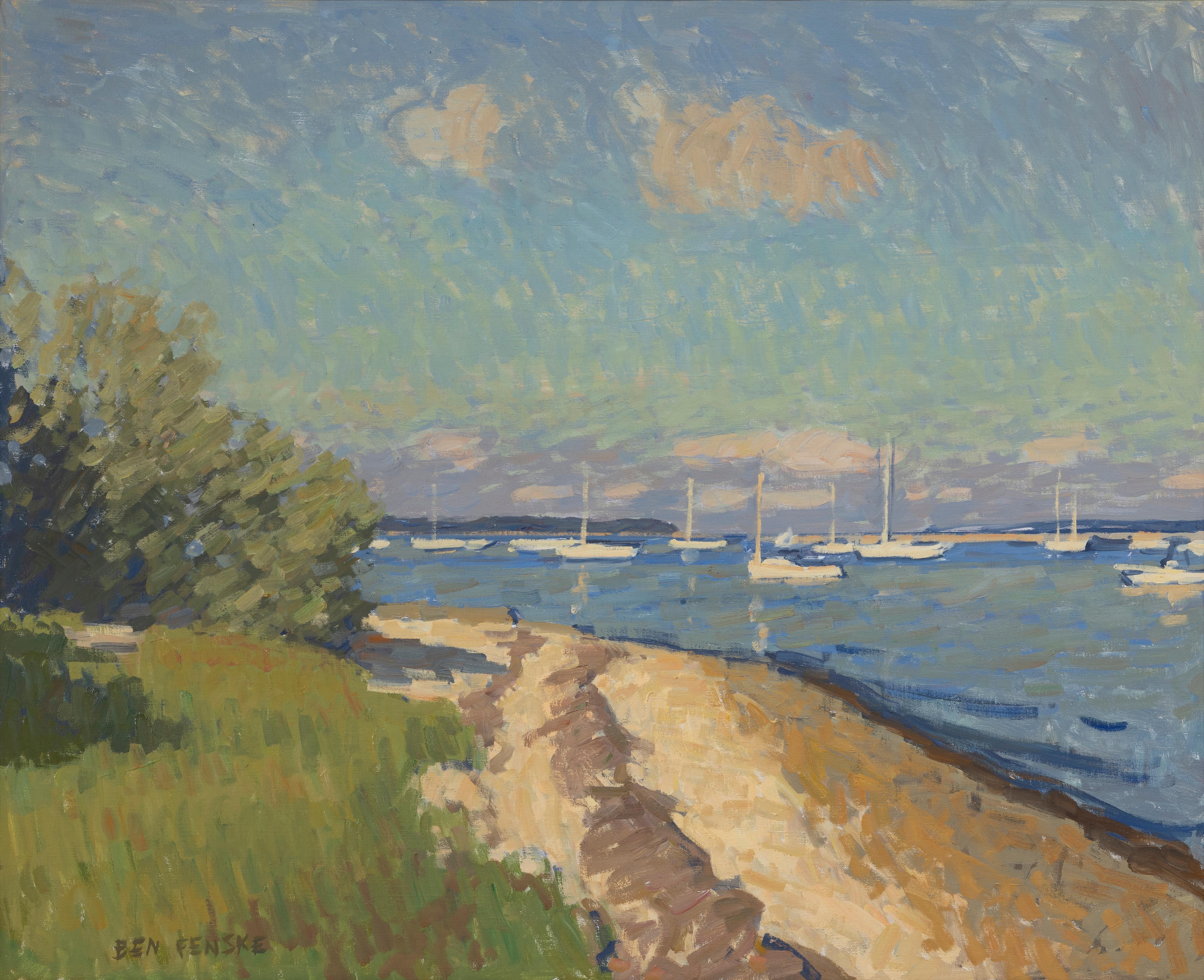 "Boats Moored at Secret Beach" 2023 impressionist plein air landscape in NY - Art by Ben Fenske