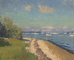 "Boats Moored at Secret Beach" 2023 impressionist plein air landscape in NY