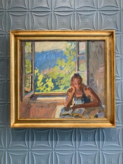 "Book" contemporary impressionist painting of woman reading with open window
