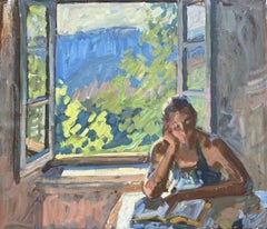 "Book" quadro impressionista contemporaneo di donna che legge con finestra aperta