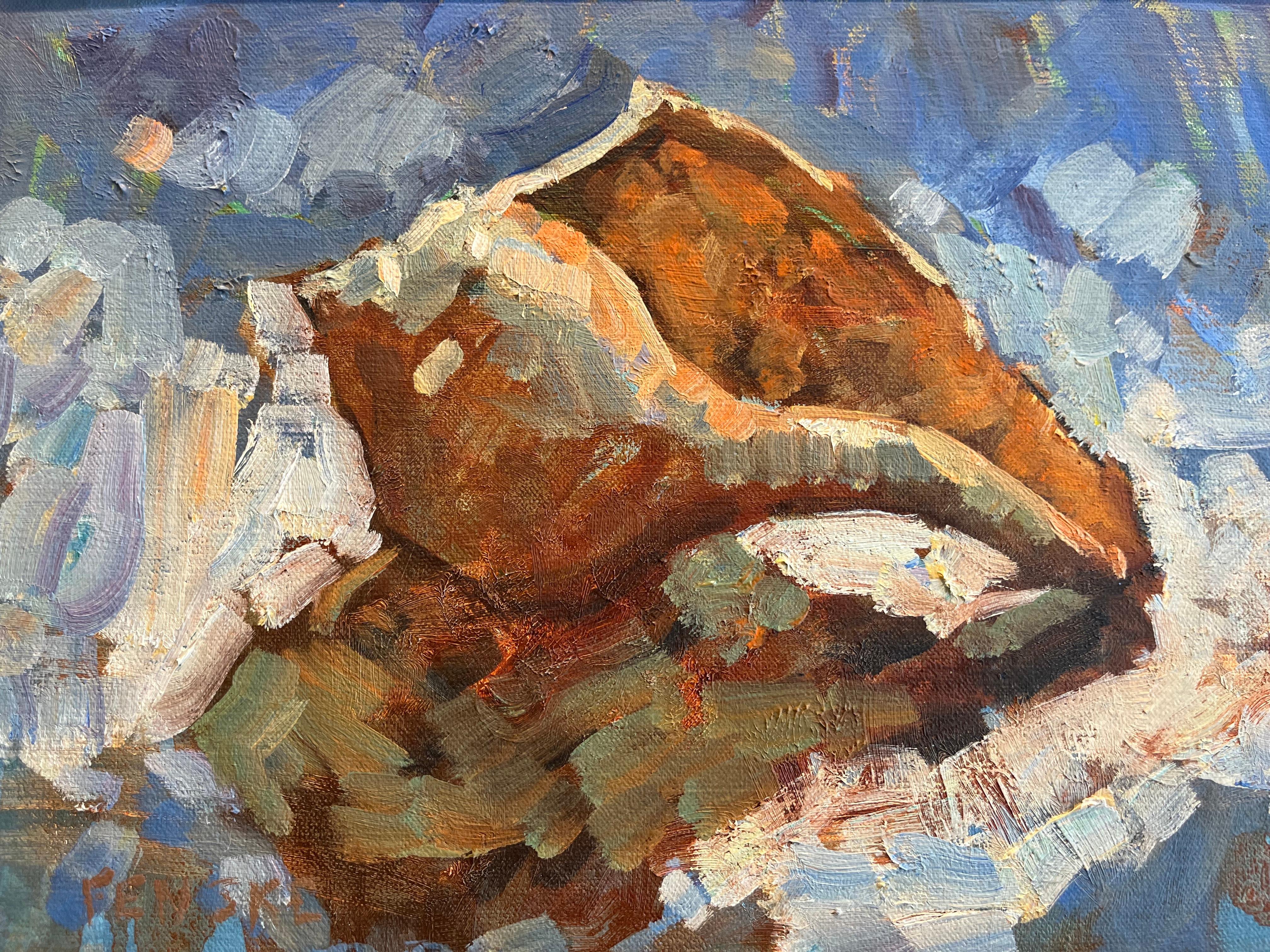 "Conchiglia" dipinto a olio impressionista contemporaneo di conchiglia, tonalità pesca