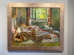 "Daydream" peinture impressionniste contemporaine, nu allongé au repos, coloré.