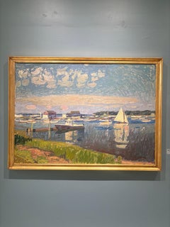 “Dering Harbor Sailboats” oil painting, boats, shelter island seascape, framed