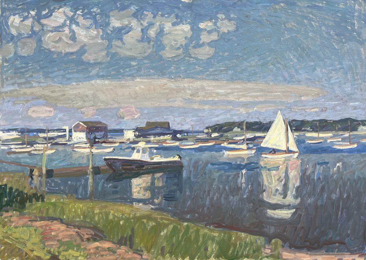 "Dering Harbor Sailboats" Ölgemälde, Boote, Meereslandschaft Shelter Island, gerahmt