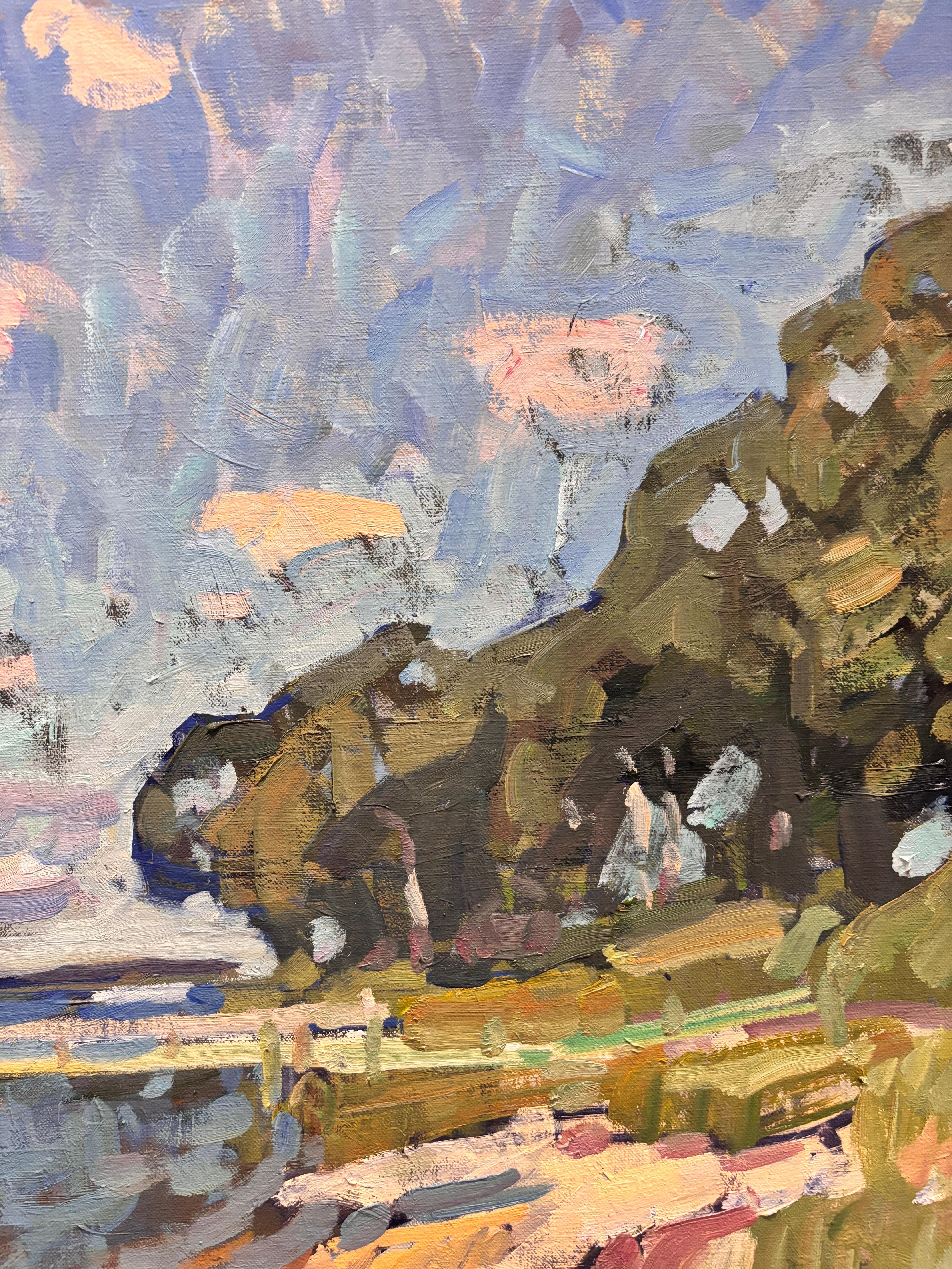 Un óleo del pintor contemporáneo Ben Fenske, un paisaje marino situado en Shelter Island. Pintado en plein air entre los elementos del viento, el sol y la sal del mar en el aire. Fenske utiliza pinceladas sueltas para transmitir la esencia de una