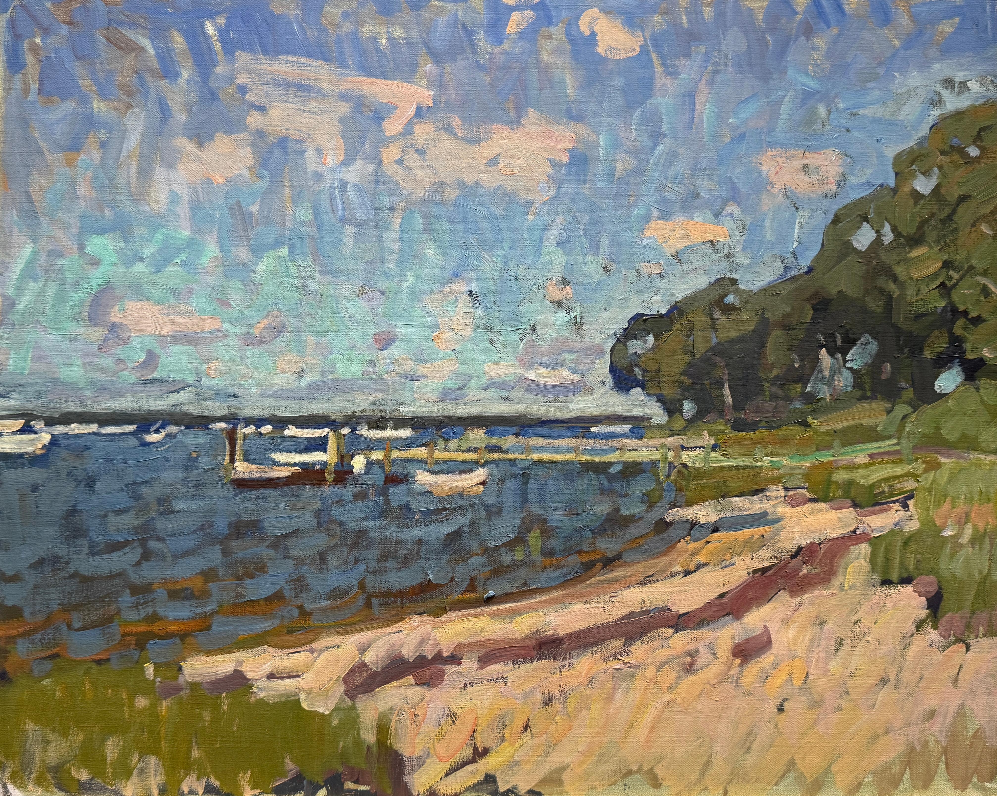 Landscape Painting de Ben Fenske - "Dering Harbor Sketch" pintura al óleo, barcos amarrados en la bahía de Shelter Island NY