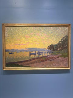 “Dering Harbour Sunset” warm evening beach-scape with dock and sailboats, framed