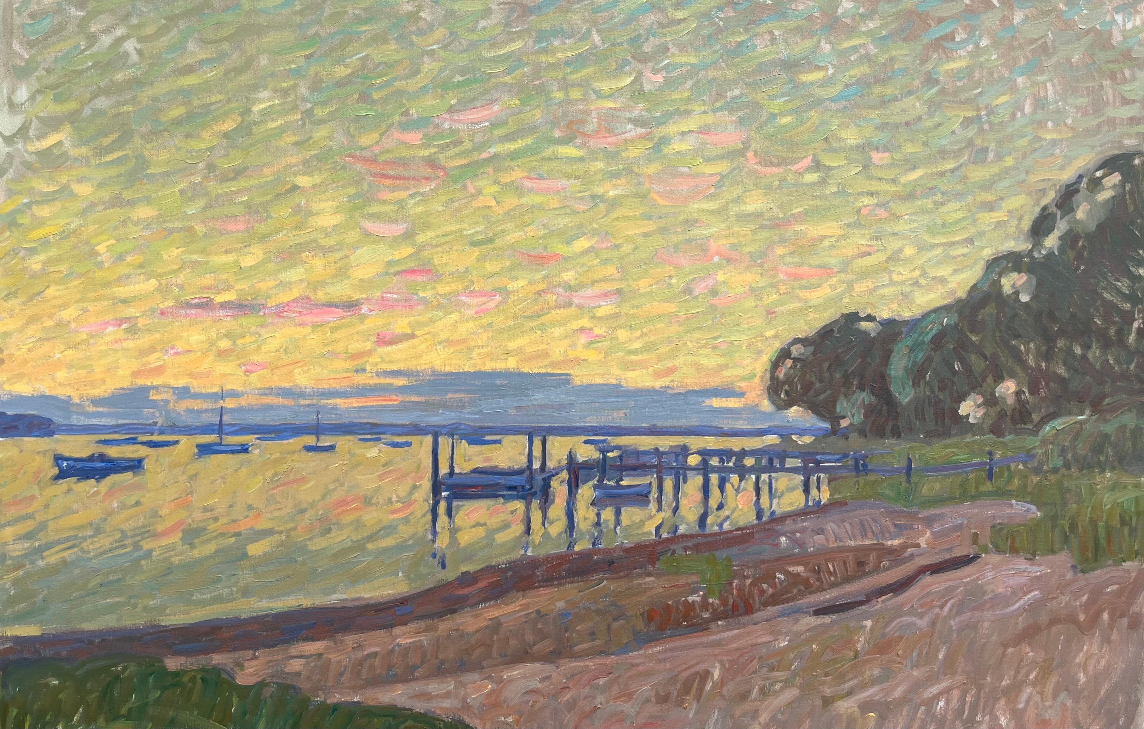 "Dering Harbour Sunset", paysage de plage avec quai et voiliers, encadré