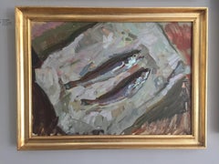 "Fish (Naselli)" oil painting, market fish in paper wrap, impressionist painting