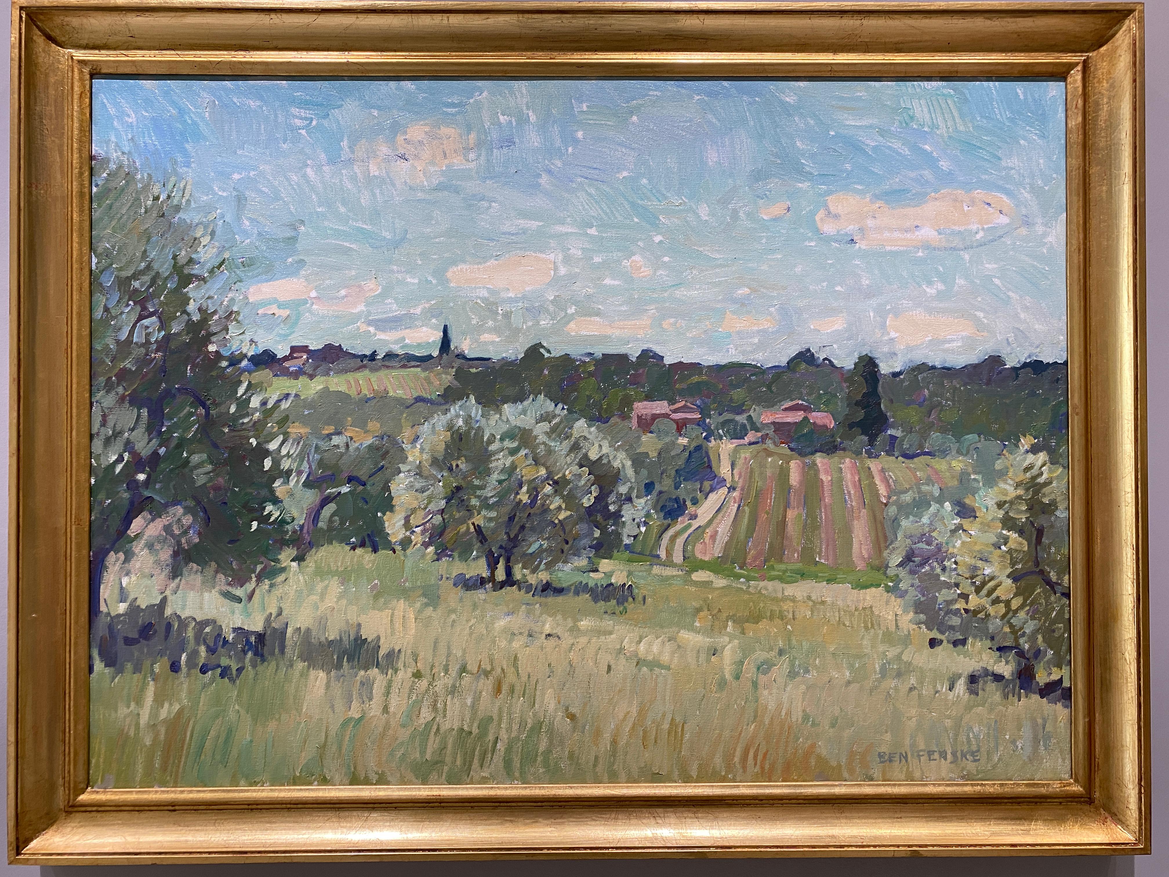 vue impressionniste du paysage toscan au printemps - Painting de Ben Fenske