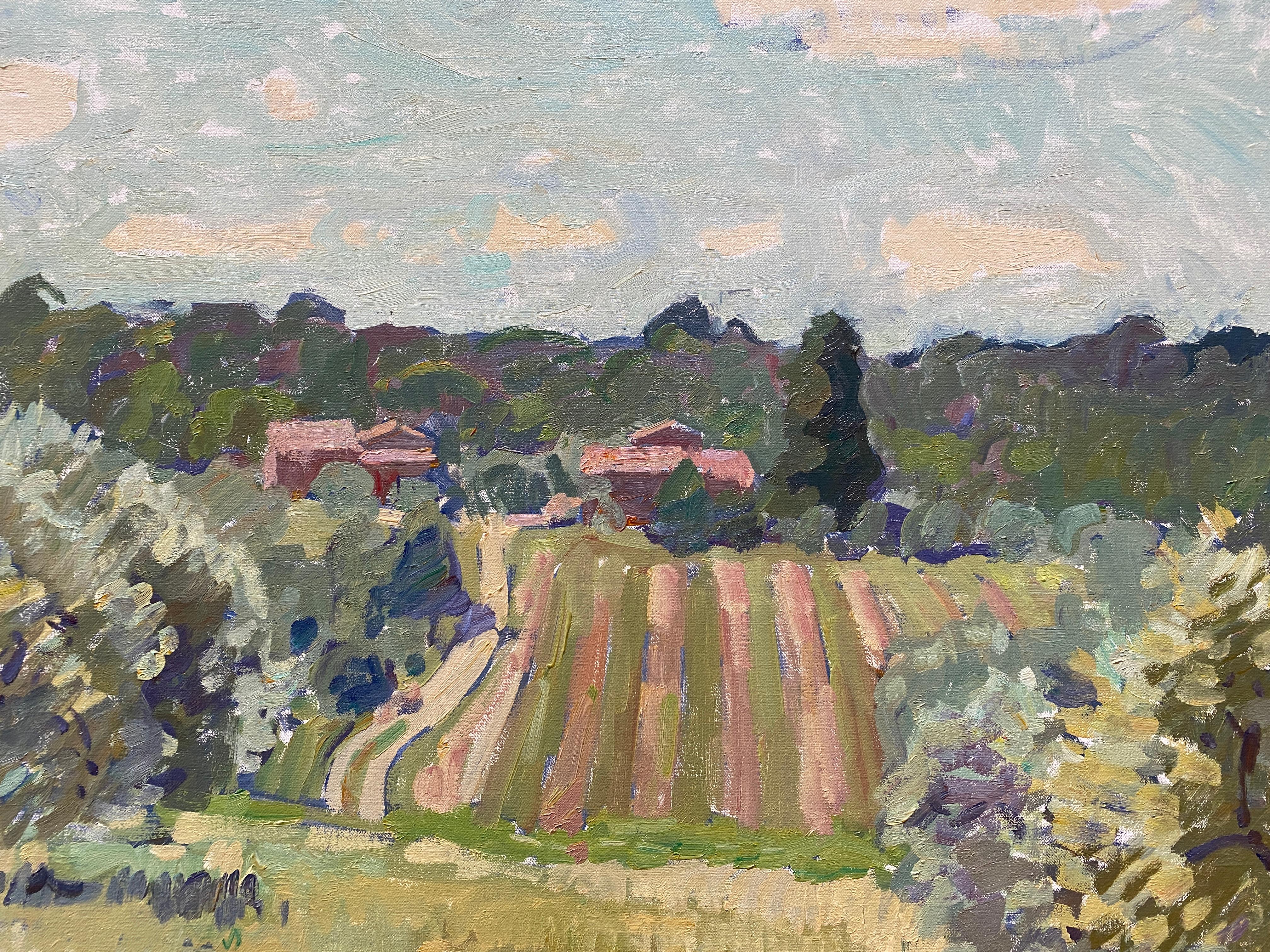 vue impressionniste du paysage toscan au printemps - Gris Landscape Painting par Ben Fenske