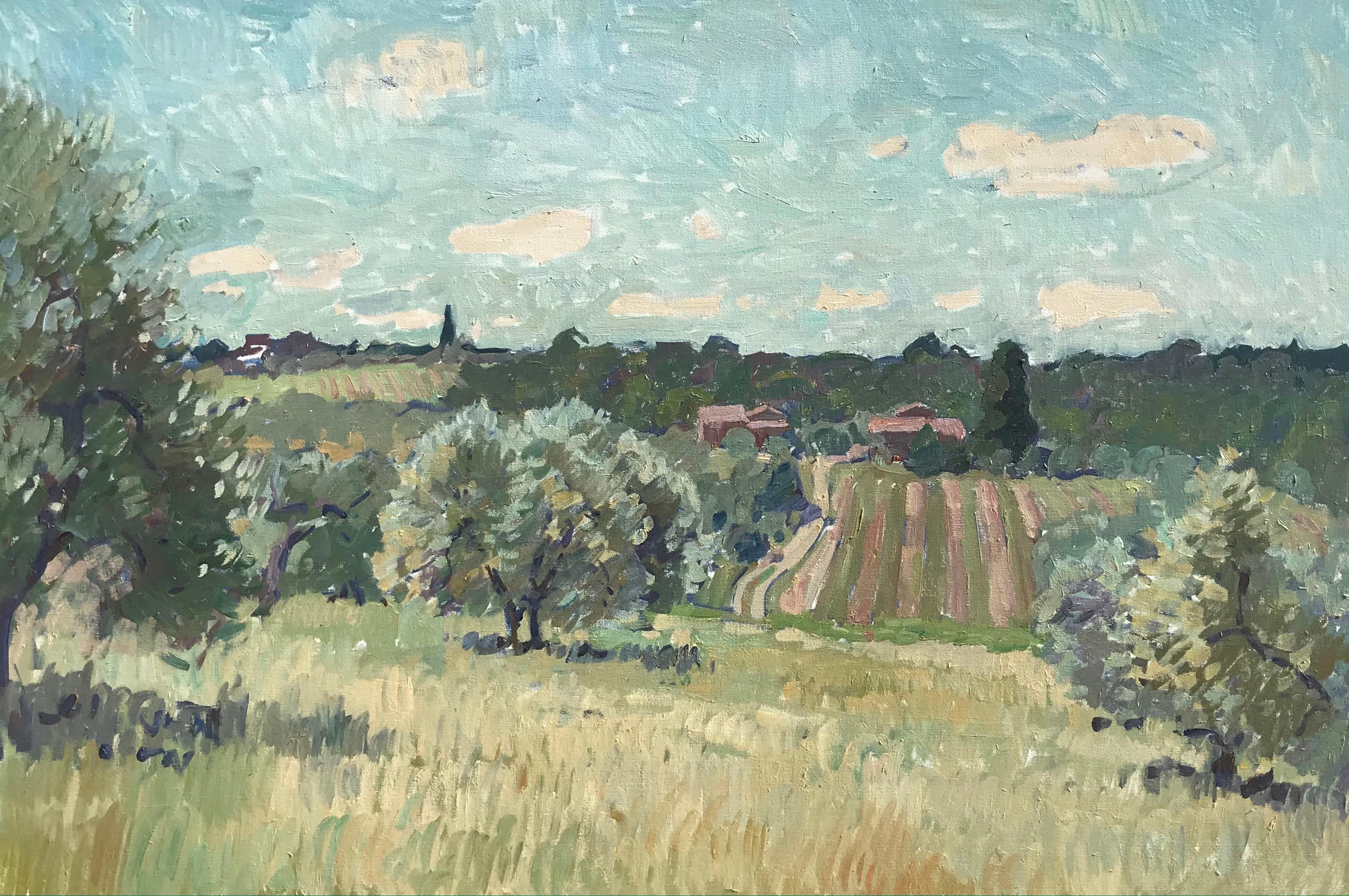 Ben Fenske Landscape Painting - "Flowering Olive Grove" impressionist view of Tuscan landscape in spring