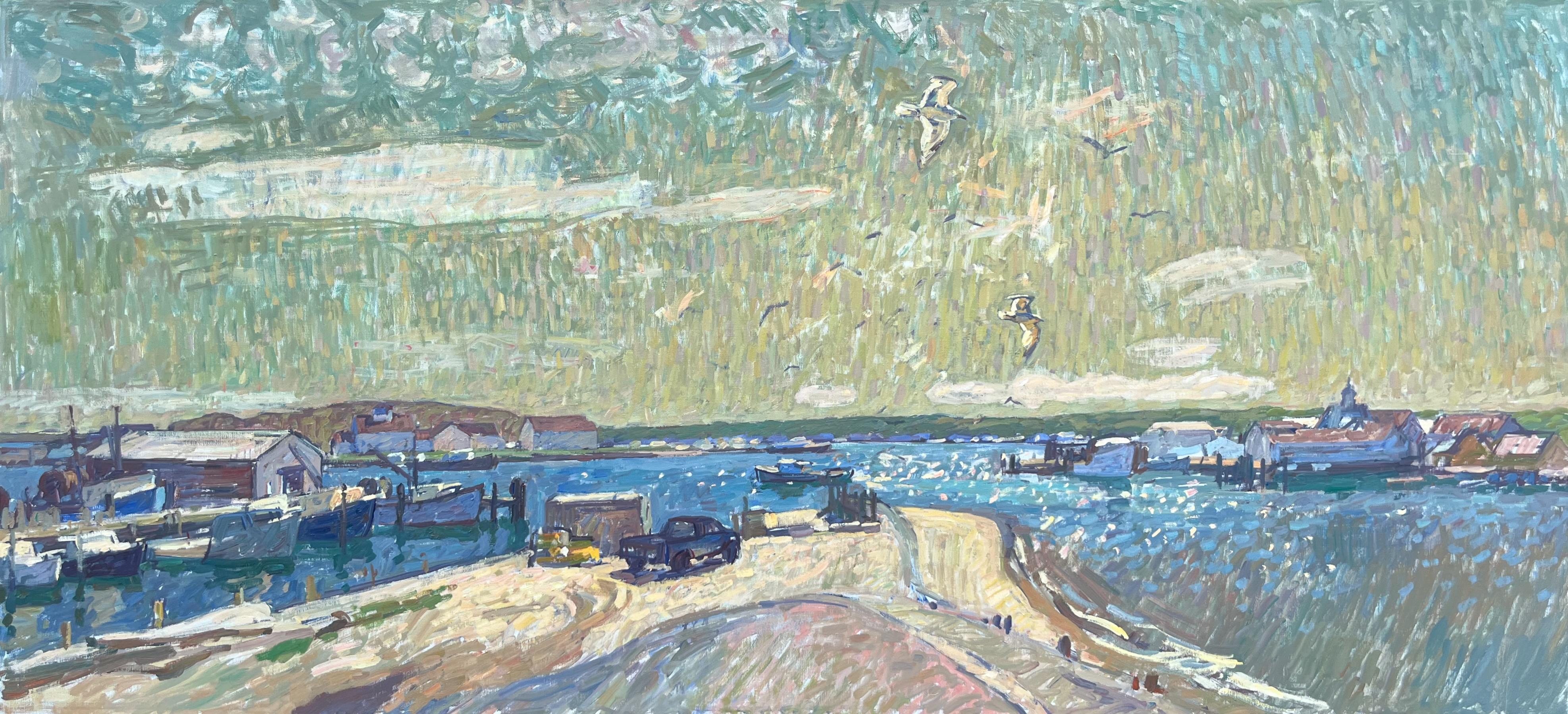 Ben Fenske Landscape Painting – "Gin Point, Montauk Panorama" Ölgemälde, Hafenlandschaft mit Booten und Vögeln