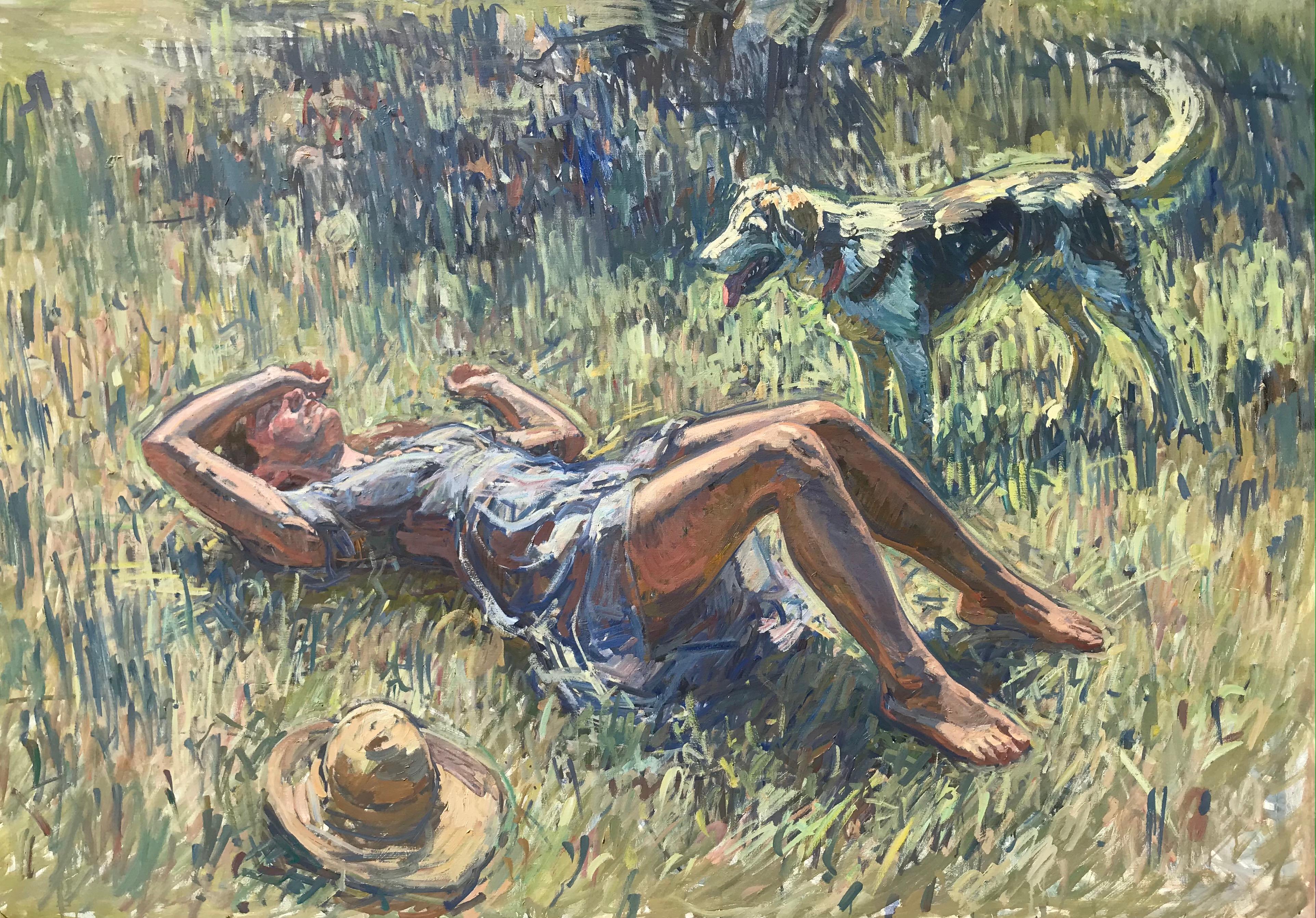 Ben Fenske Animal Painting - Girl, Dog, Early Summer