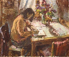 “Girl, Writing” impressionist oil painting of girl writing at table, warm tones