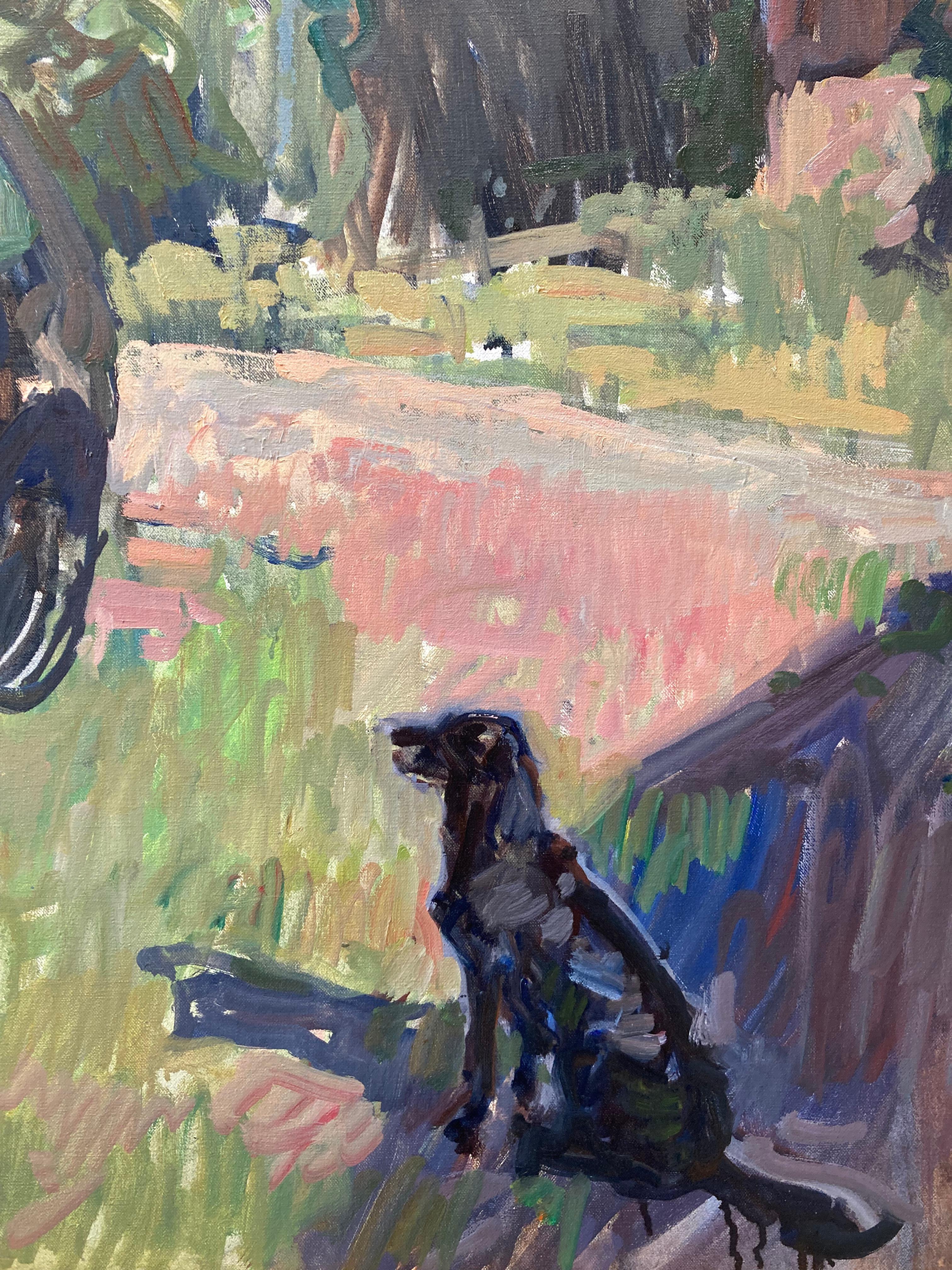 Peinture à l'huile « Golfe » en plein air, femme s'appuyant sur Fiat avec chien en Toscane, Italie en vente 3