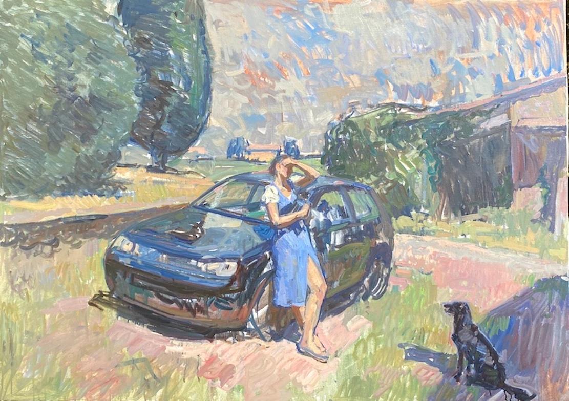 Peinture à l'huile « Golfe » en plein air, femme s'appuyant sur Fiat avec chien en Toscane, Italie en vente 8