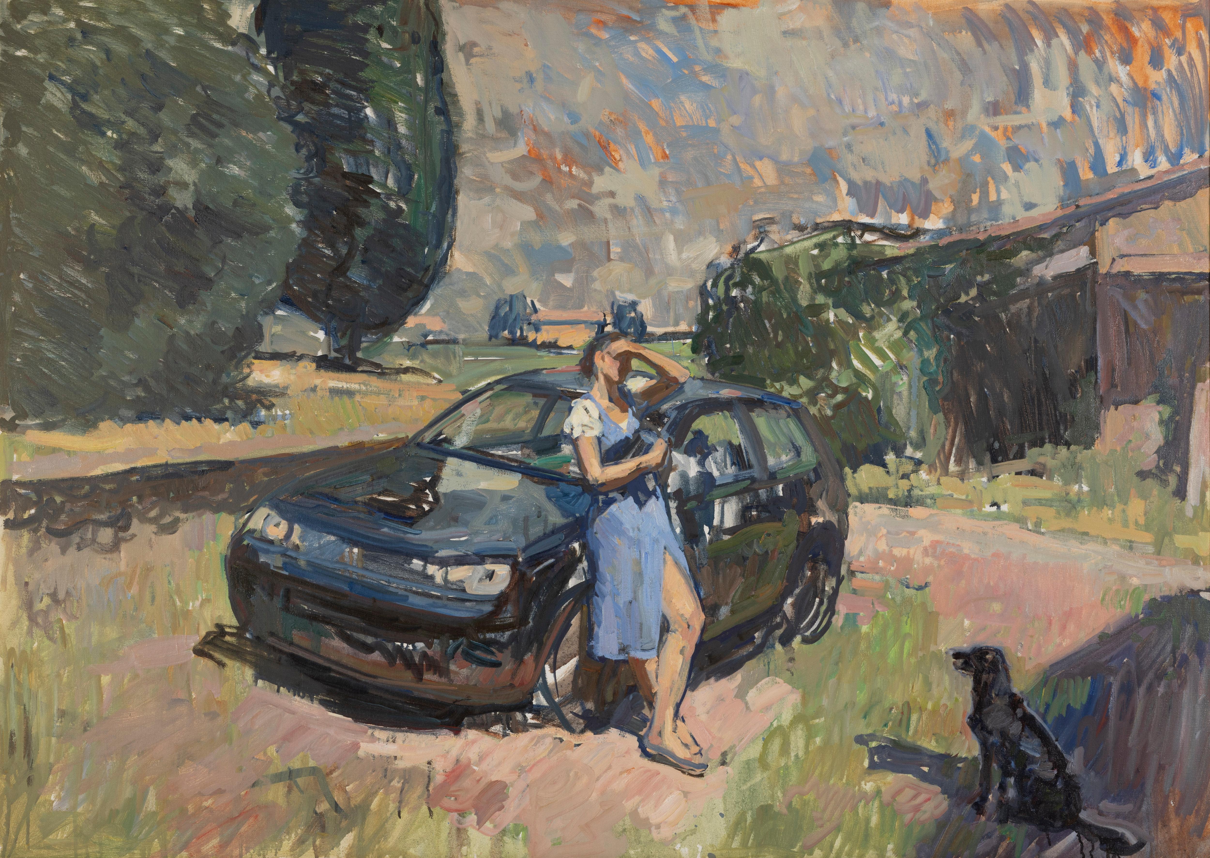 Figurative Painting Ben Fenske - Peinture à l'huile « Golfe » en plein air, femme s'appuyant sur Fiat avec chien en Toscane, Italie