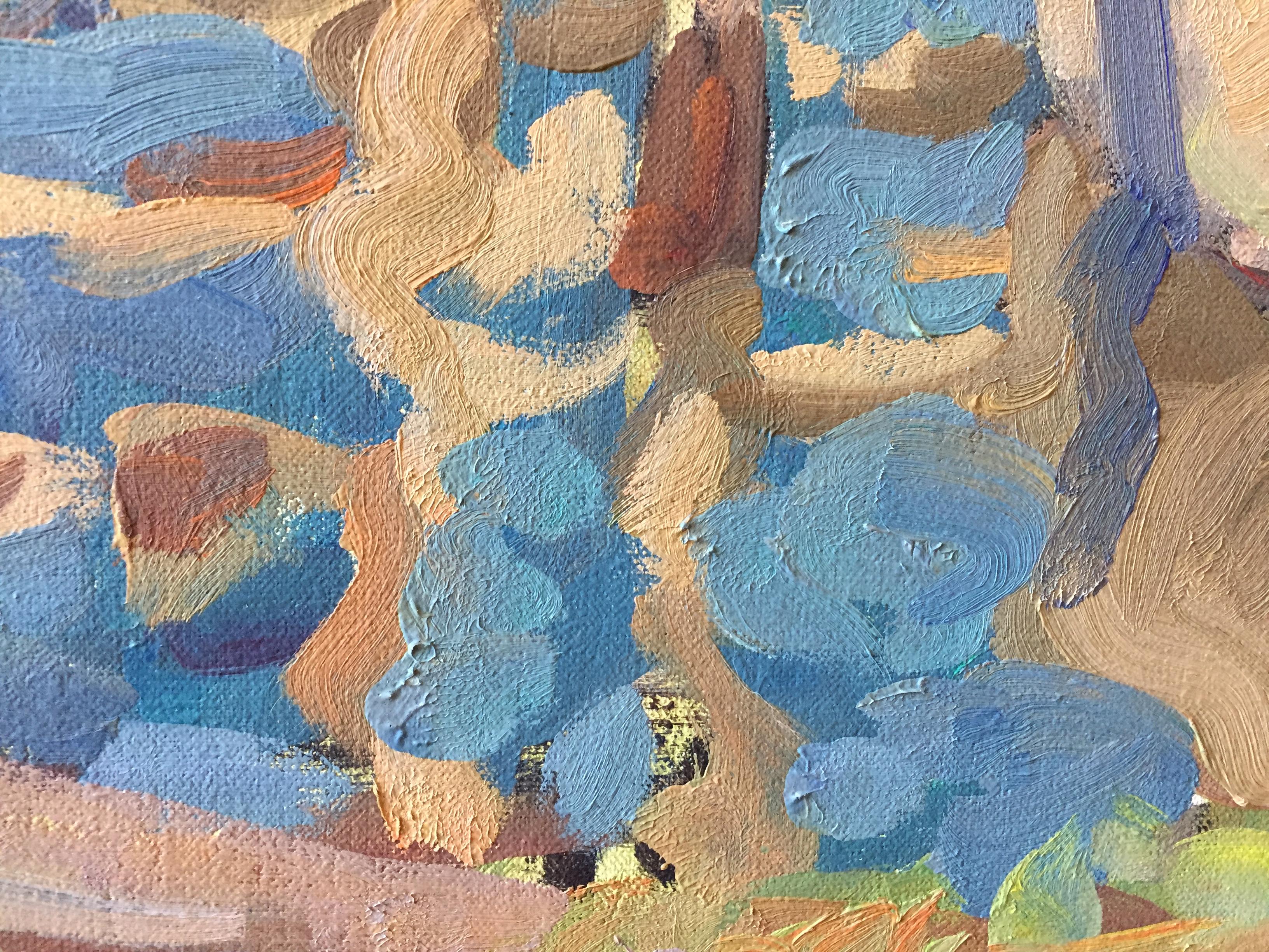 An oil painting of a marina in Greenport, on the North Fork of Long Island, New York. Bright blues and subtle reds and browns create this beautiful, realistic, impressionist painting. Two sailboats at rest in the water. 

Framed in an Italian,