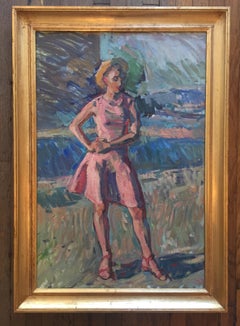 "Hanna Sketch" oil painting, impressionist girl in pink dress and sunhat