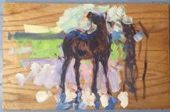 "Horse Sketch" impressionistic painting on panel of horse being washed by person