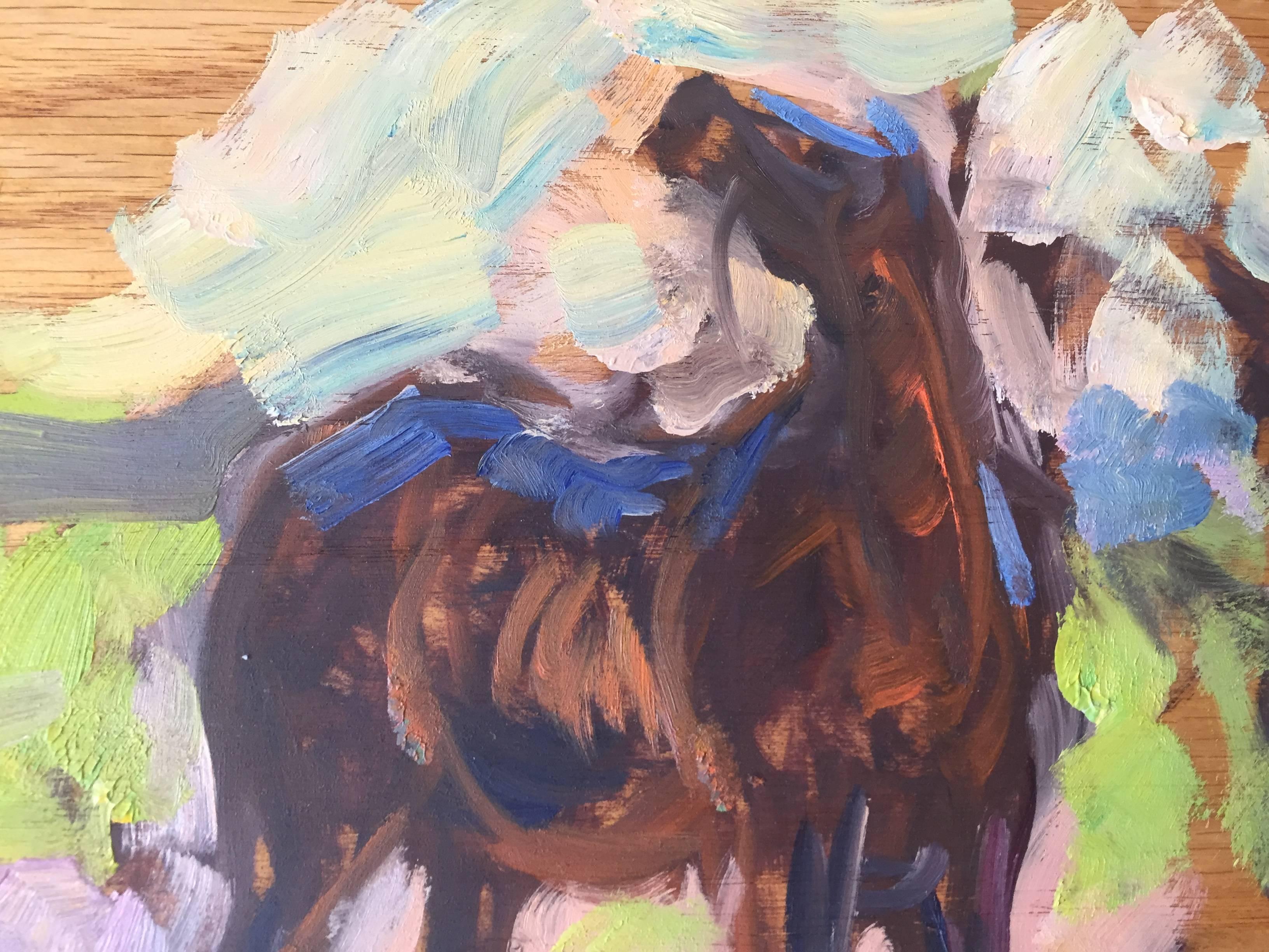Boceto al óleo sobre tabla de madera de un caballo, en un día soleado. El caballo se detiene ante un campo verde brillante. El panel de madera permanece expuesto mientras tu mirada se aleja del centro del cuadro.


Ben Fenske (nacido en 1978) aunque
