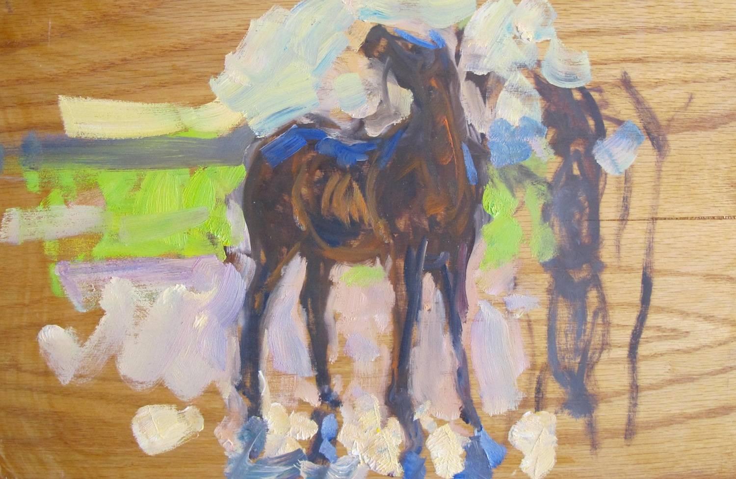"Boceto de caballo" pintura impresionista sobre tabla de un caballo siendo lavado por una persona