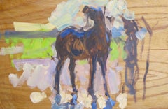 "Horse Sketch" impressionistic painting on panel of horse being washed by person