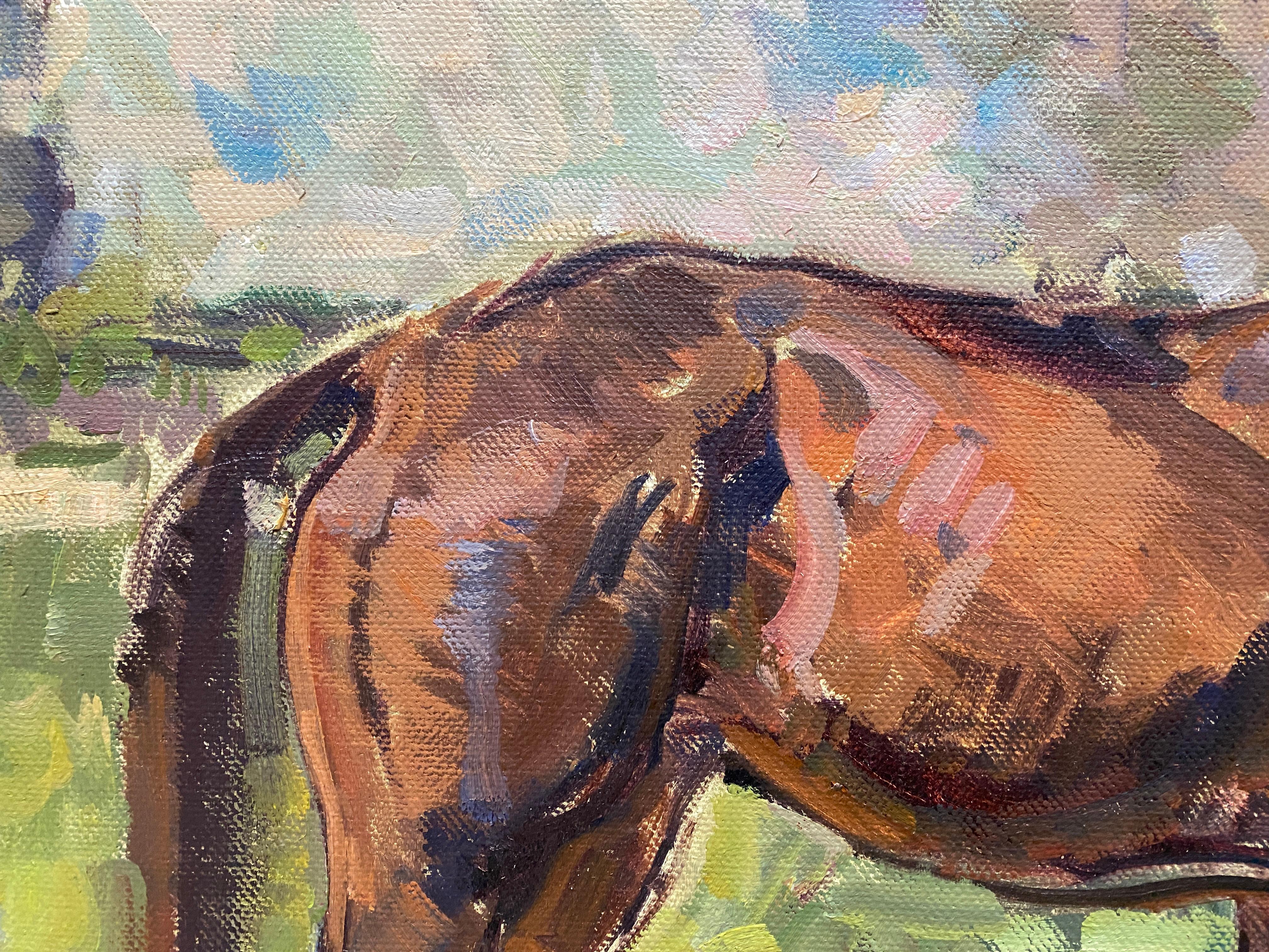 An oil painting of a brown horse, standing on green grass on a sunny day. Painted en plein air, after days of studying and sketching, Ben Fenske captured the correct proportions and academically correct anatomy of this strong majestic creature,