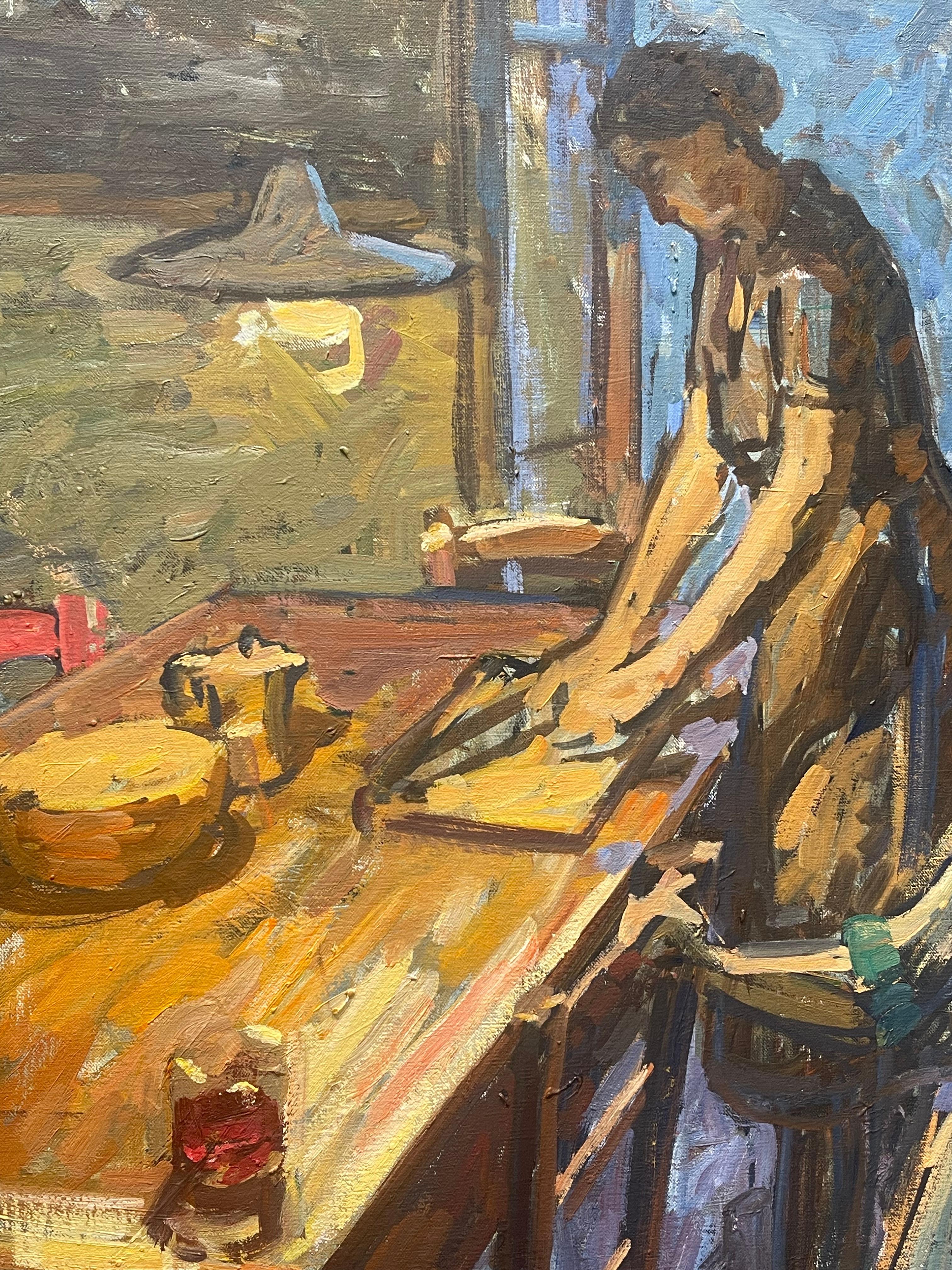 Impressionniste, amis et famille préparent le dîner dans une ferme toscane - Painting de Ben Fenske