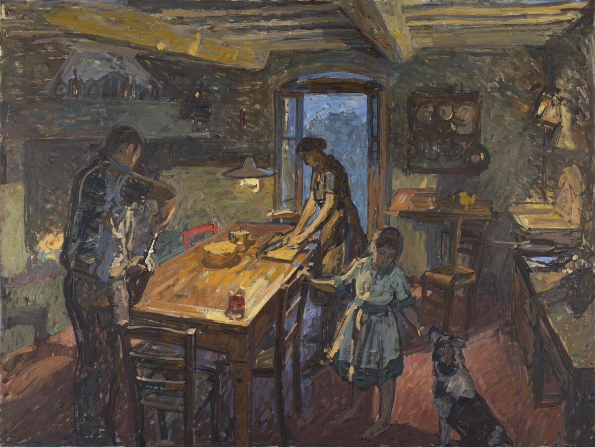 Ben Fenske Figurative Painting - "Kitchen" Impressionist, friends & family preparing dinner in Tuscan farmhouse