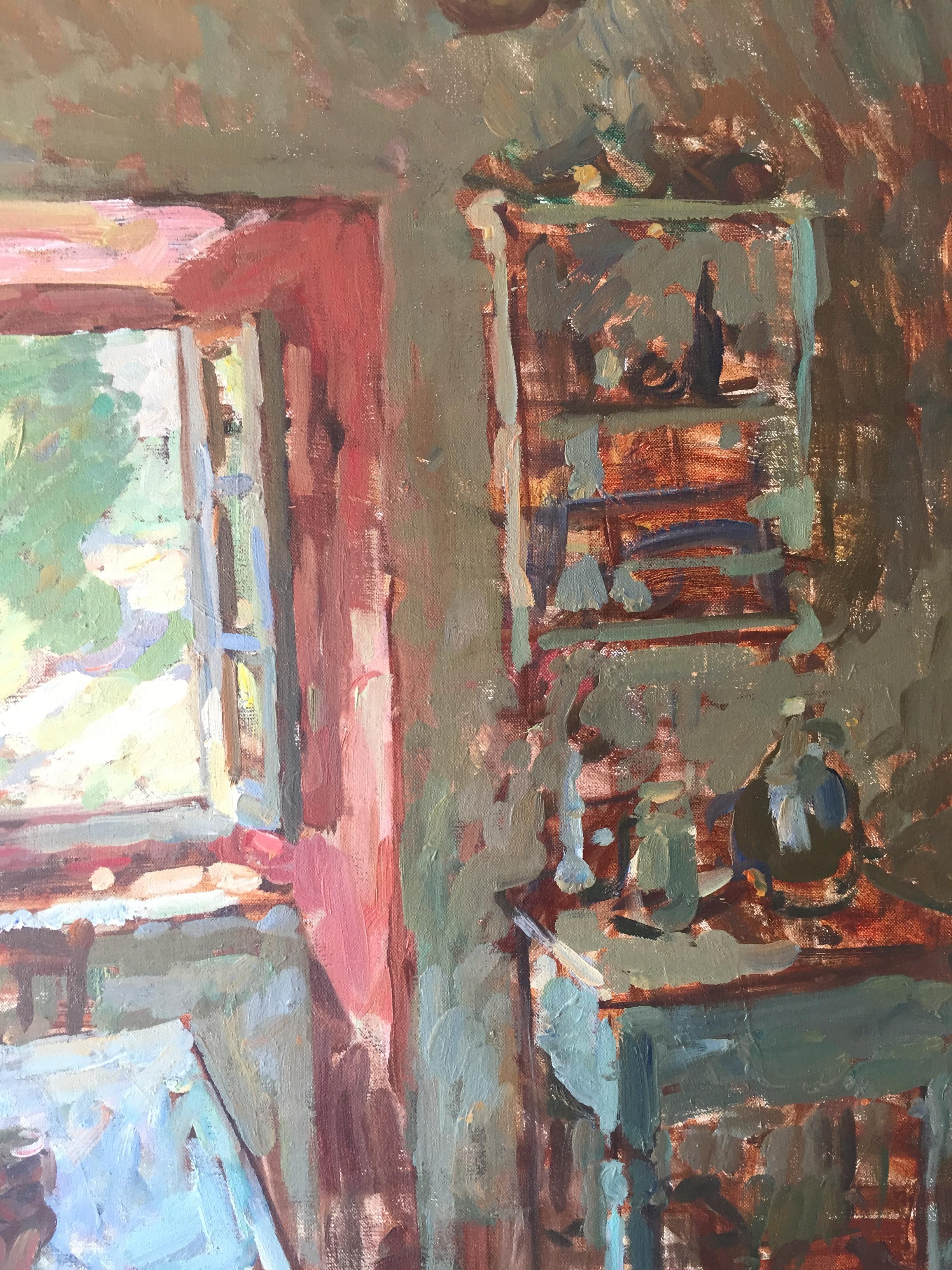 An oil on canvas painting of a kitchen. An open window filled with colors and light, cascades natural light into the nook. A small sitting area, with a chair pulled out insists one's recent departure. Clearly a space that is lived in.

Ben Fenske