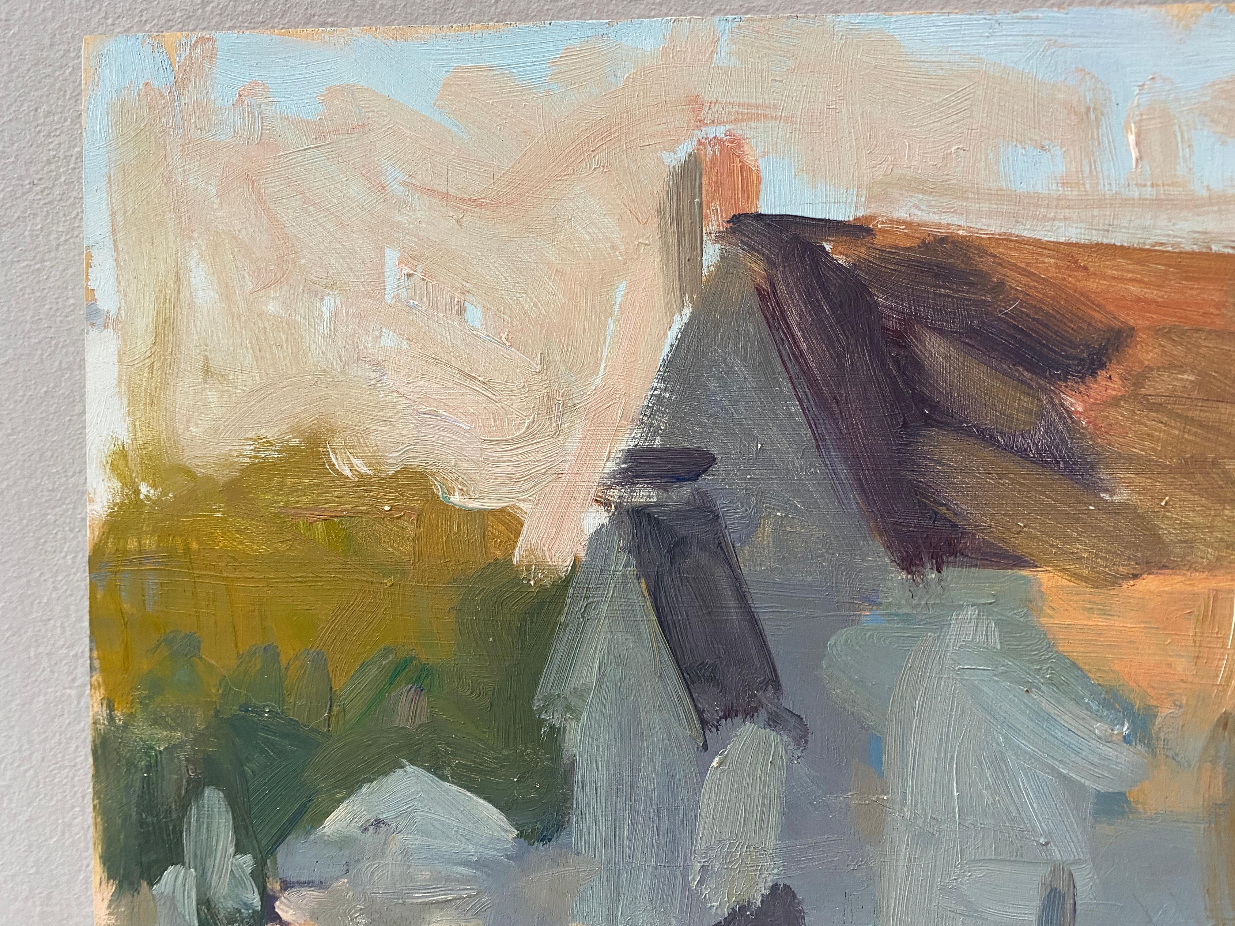 Late Afternoon, Church - Beige Abstract Painting by Ben Fenske