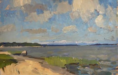 "Fin d'été, plage secrète" peinture à l'huile de Sag Harbor NY, paysage marin avec nuages