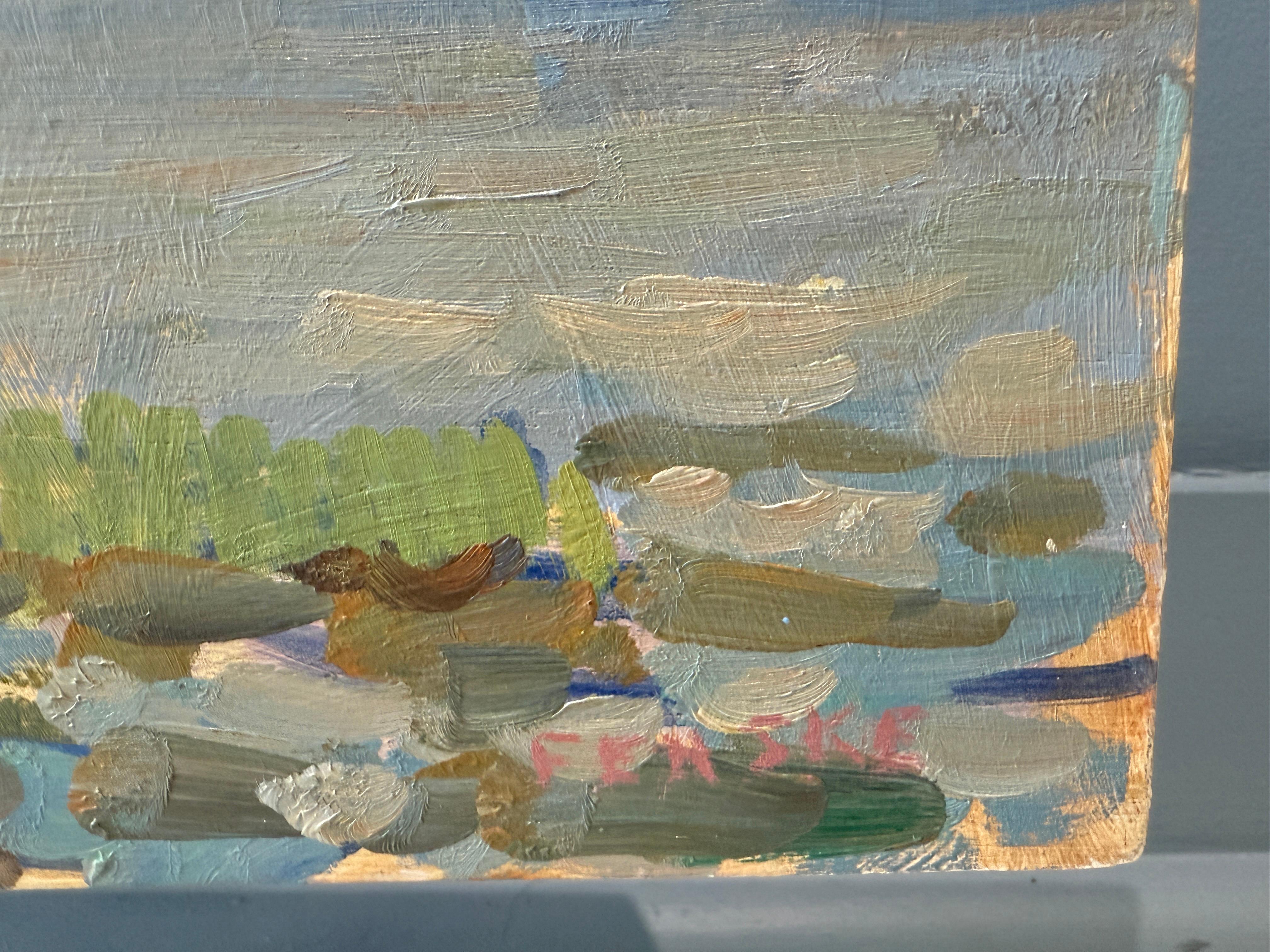Ein Ölgemälde des zeitgenössischen Malers Ben Fenske, eine in Sag Harbor, NY, gelegene Meereslandschaft. Gemalt en plein air inmitten der Elemente Wind, Sonne und Meersalz in der Luft. Fenske verwendet lockere Pinselstriche, um die Essenz einer