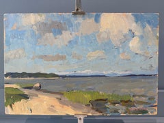 "Tarda estate, spiaggia segreta" dipinto a olio di Sag Harbor NY, paesaggio marino con nuvole