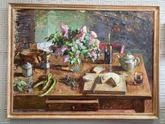 "Lillà, caffè, vino" Natura morta rustica neoimpressionista a Firenze, Italia