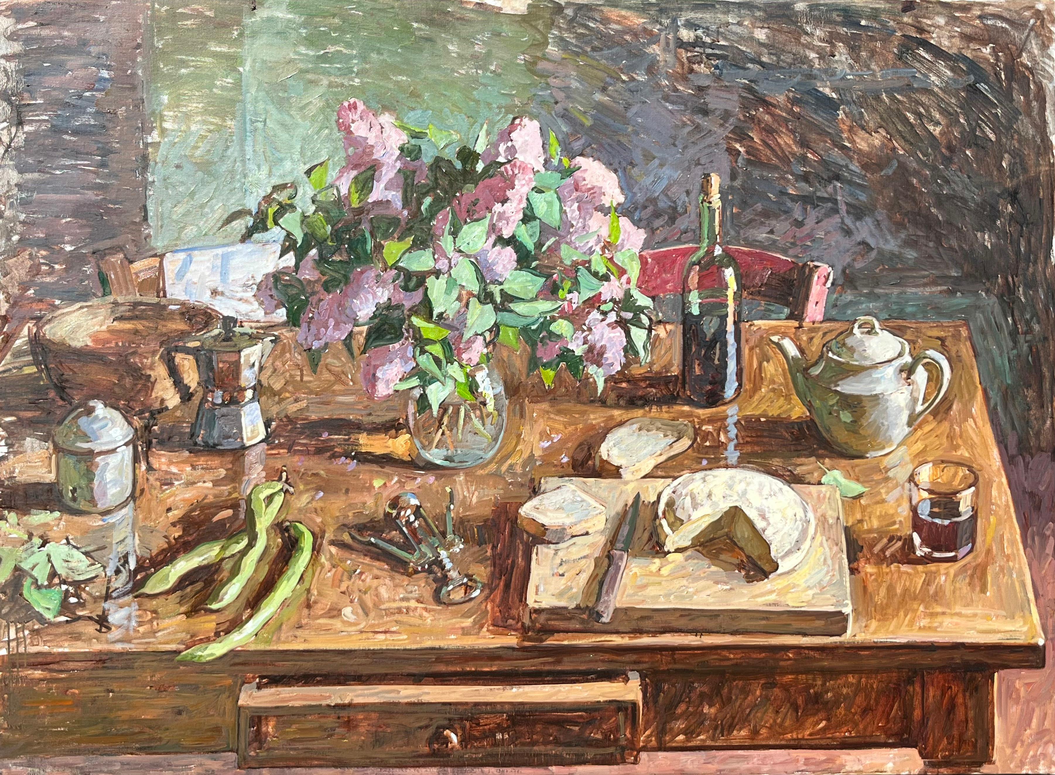 Ben Fenske Still-Life Painting - "Lilacs, Coffee, Wine" Neo-Impressionist rustic still life in Florence, Italy