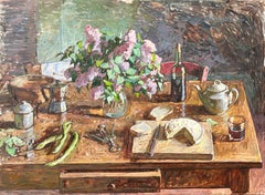 "Lilacs, Coffee, Wine" Neo-Impressionist rustic still life in Florence, Italy