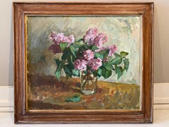 "Lilacs" impressionist still life of purple flowers against earthy tones