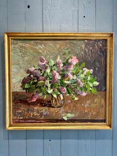 "Lilacs in Glass" - oil painting, impressionistic bouquet of flowers in vase