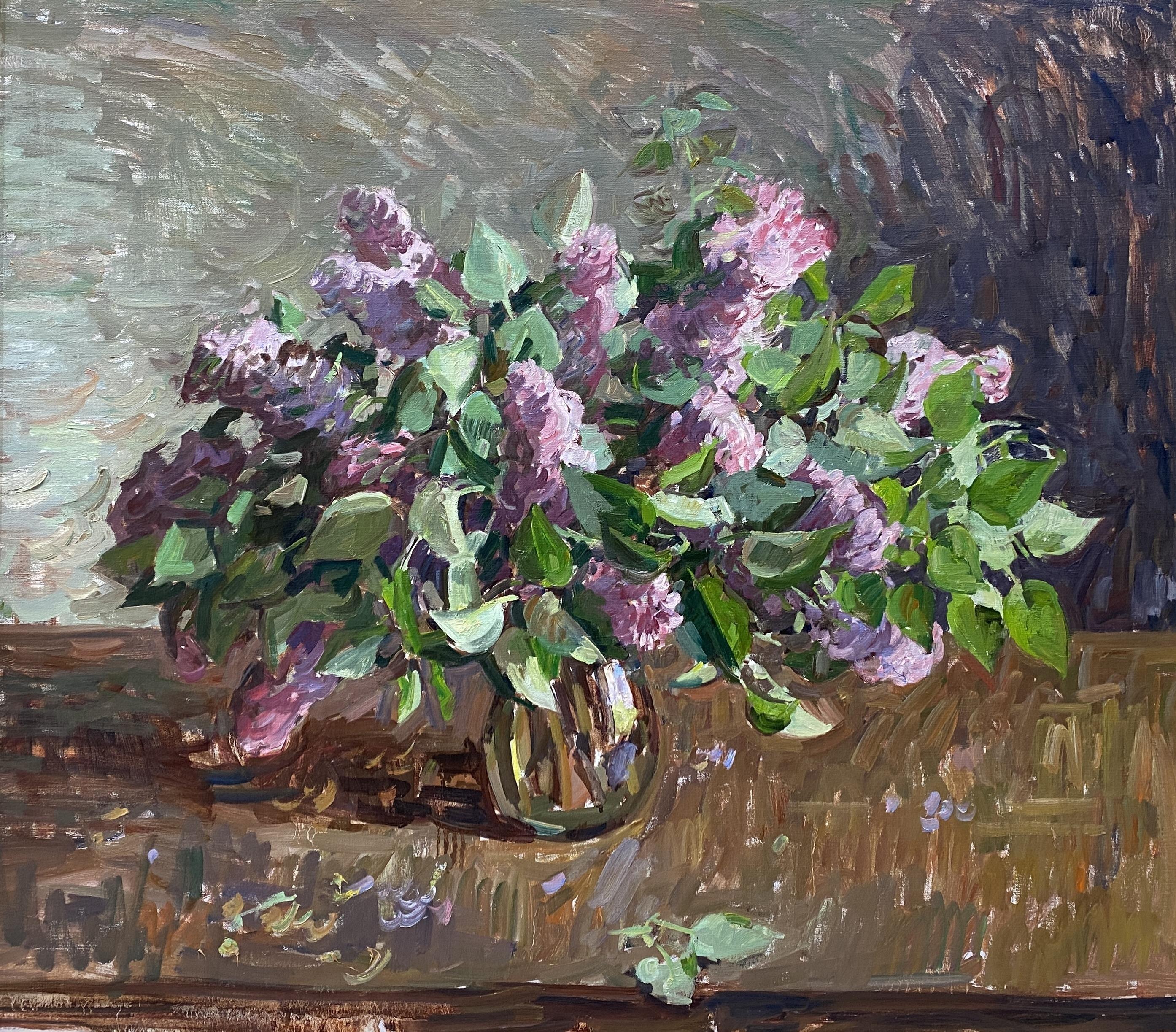 Ben Fenske Still-Life Painting - "Lilacs in Glass" - oil painting, impressionistic bouquet of flowers in vase