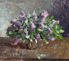 "Lilacs in Glass" - oil painting, impressionistic bouquet of flowers in vase