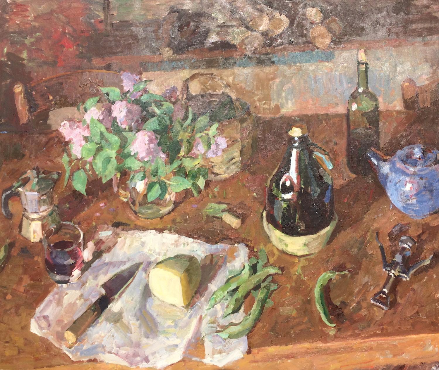 Ben Fenske Interior Painting - "Lilacs, Pecorino, Wine" contemporary impressionist earthy tone still life