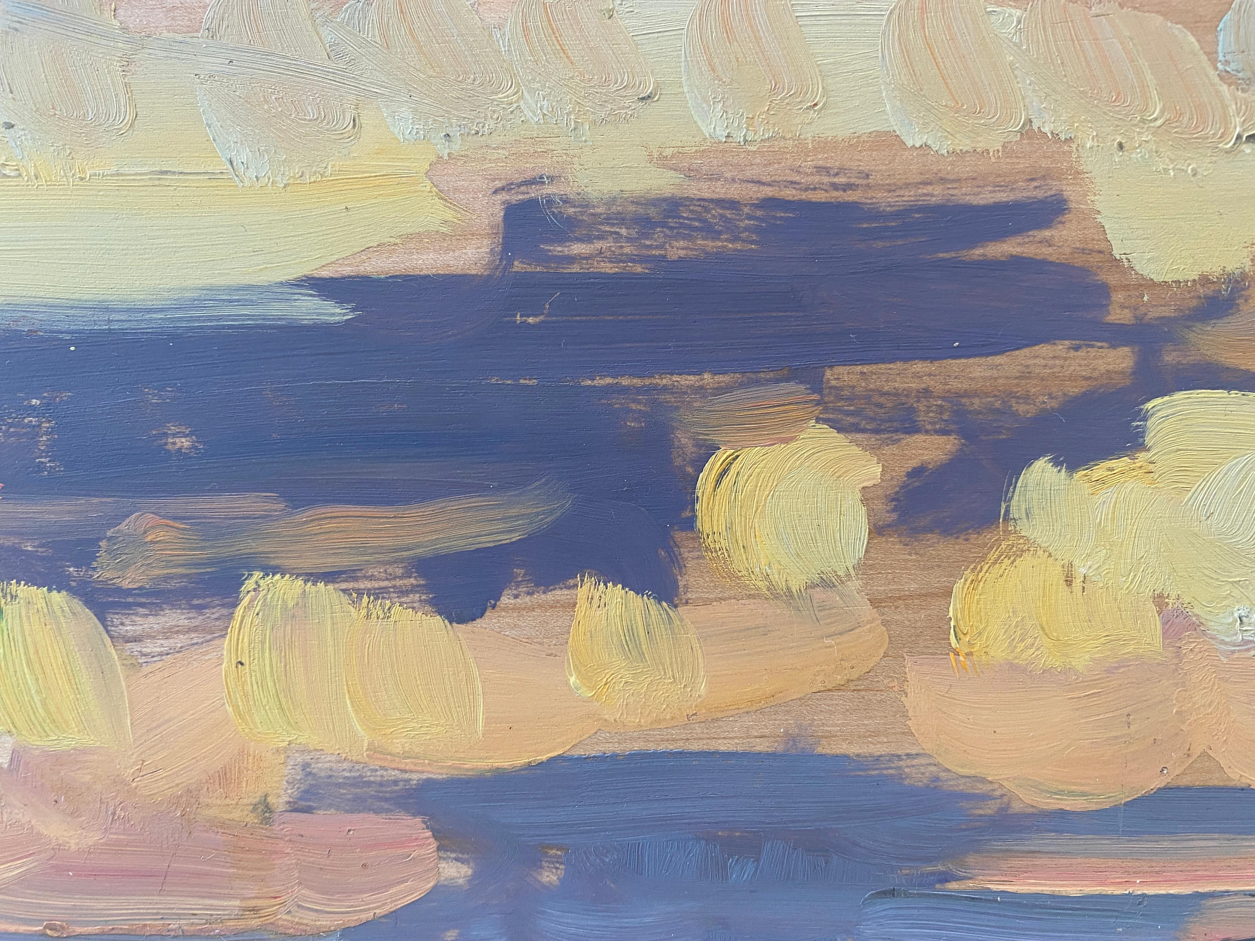 Peint en plein air à Sag Harbor, NY. Une plage locale préférée pour observer le coucher de soleil sur la baie de Noyac. Peint sur un panneau de bois avec des coups de pinceau libres, une peinture impressionniste presque abstraite. 

Ben Fenske (né