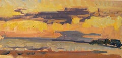 Peinture à l'huile sur panneau de bois « Long Beach Study », croquis de valeur de couleur, jaune, bleu