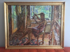 "Mirror Summer Light" oil painting, woman brushing hair in bedroom, open window
